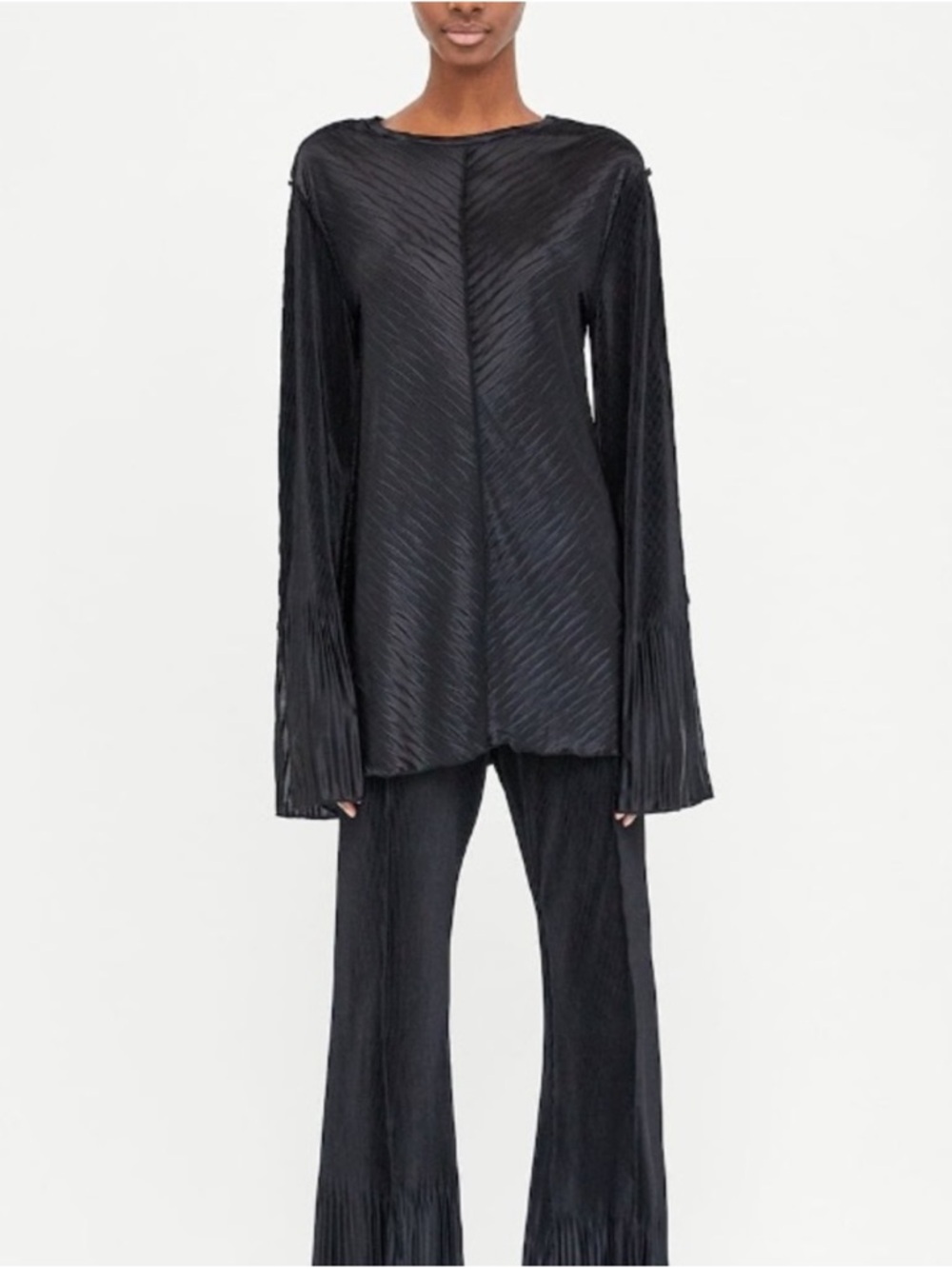 Zara Black Pleated Long Sleeve Top and Flared Pants Set